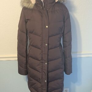 Ralph Lauren Dark Red Long Puffer Coat with Faux Fur Hood Pinot Noir